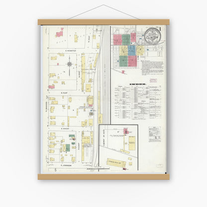 Old map wall art mockup — magnetic wood frame on white wall — Sanborn Fire Insurance Map from Clinton, De Witt County, Illinois (1910) - Complete Map Set