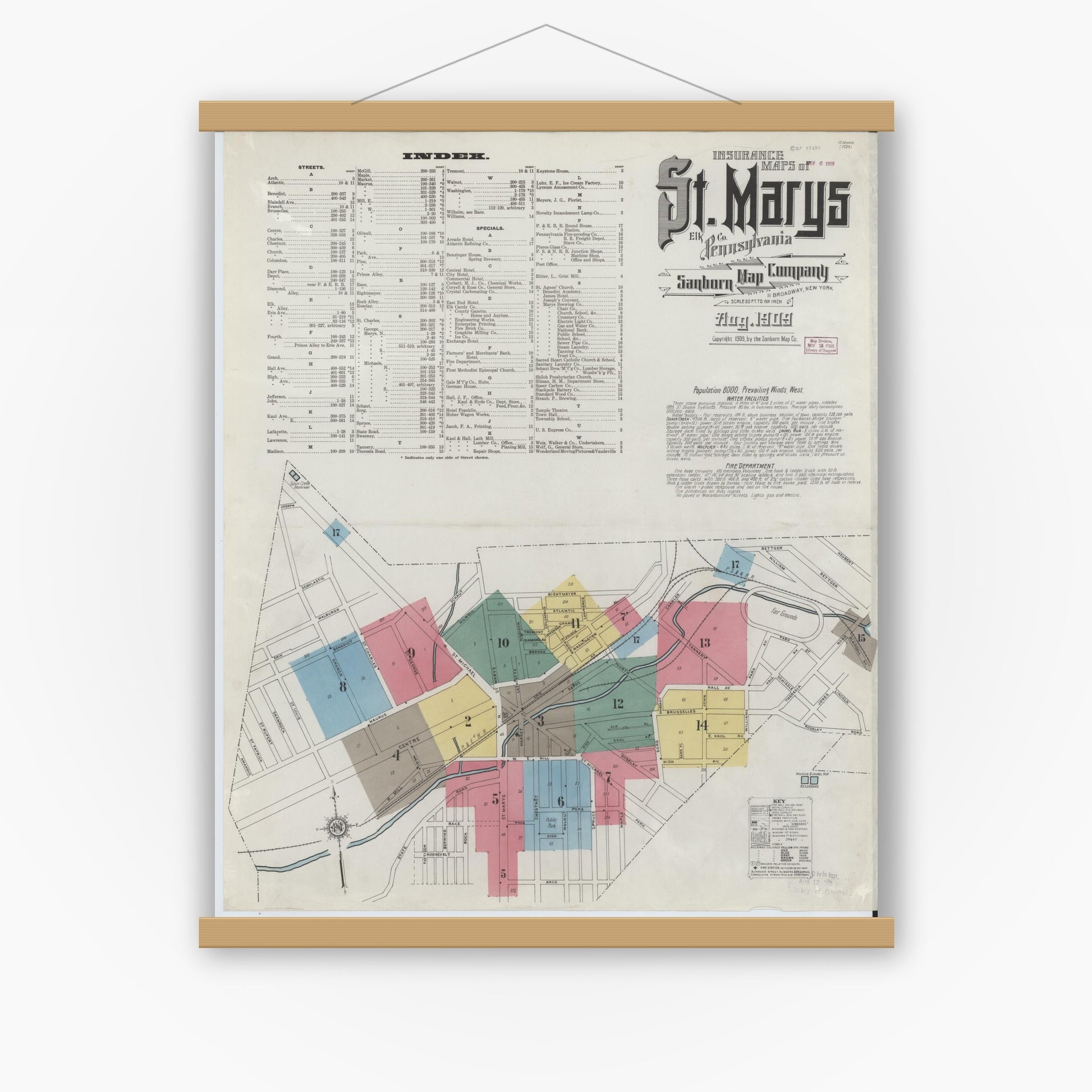 Old map wall art mockup — magnetic wood frame on white wall — Sanborn Fire Insurance Map from Saint Marys, Elk County, Pennsylvania (1909) - Complete Map Set