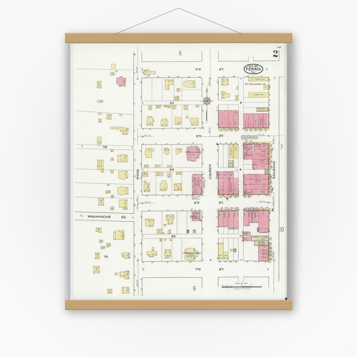 Old map wall art mockup — magnetic wood frame on white wall — Sanborn Fire Insurance Map from Ferris, Ellis County, Texas (1921), Sheet #0002