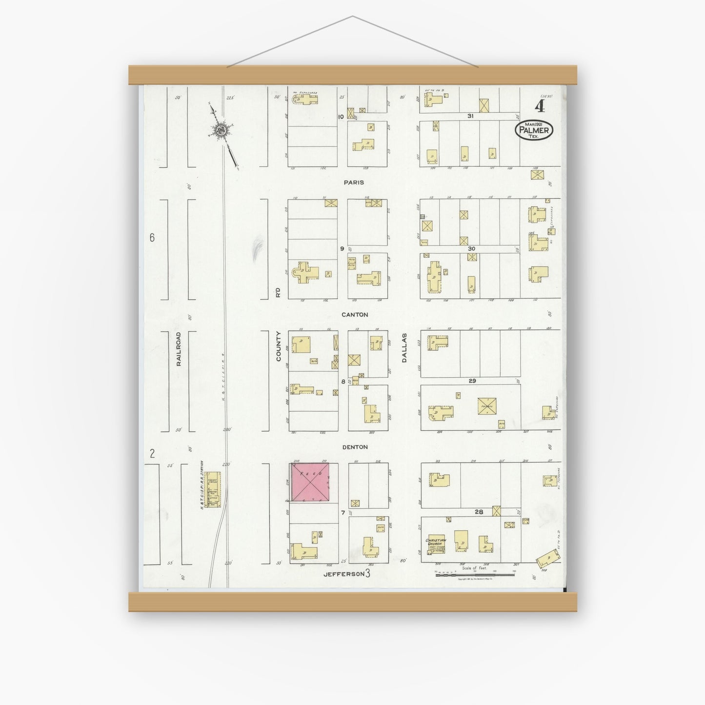Old map wall art mockup — magnetic wood frame on white wall — Sanborn Fire Insurance Map from Palmer, Ellis County, Texas (1921), Sheet #0004
