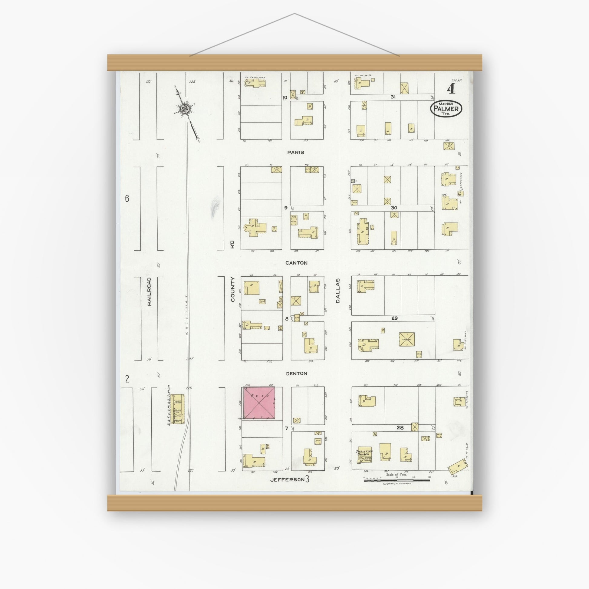 Old map wall art mockup — magnetic wood frame on white wall — Sanborn Fire Insurance Map from Palmer, Ellis County, Texas (1921), Sheet #0004