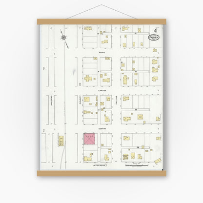 Old map wall art mockup — magnetic wood frame on white wall — Sanborn Fire Insurance Map from Palmer, Ellis County, Texas (1921), Sheet #0004