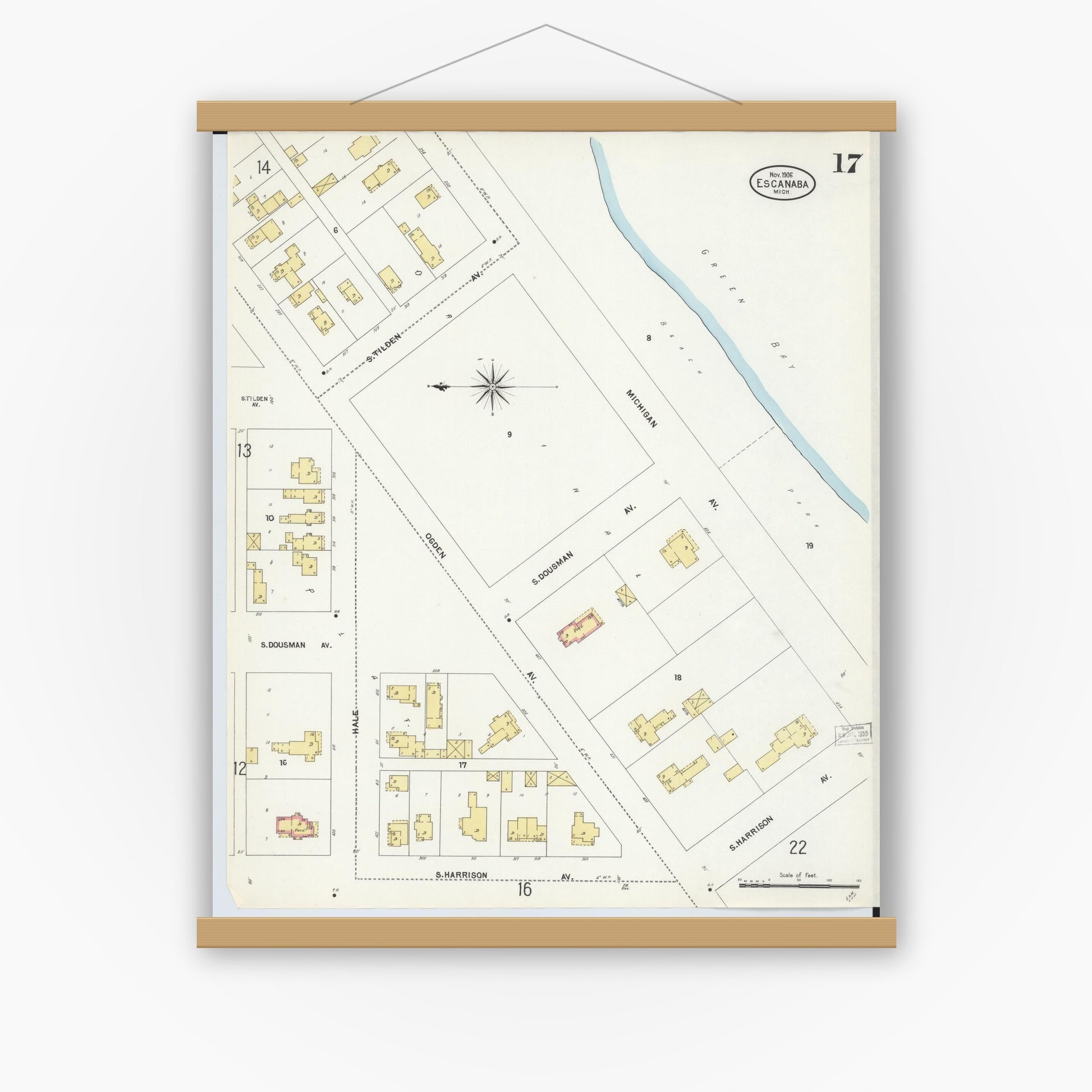 Old map wall art mockup — magnetic wood frame on white wall — Sanborn Fire Insurance Map from Escanaba, Delta County, Michigan (1906), Sheet #0017