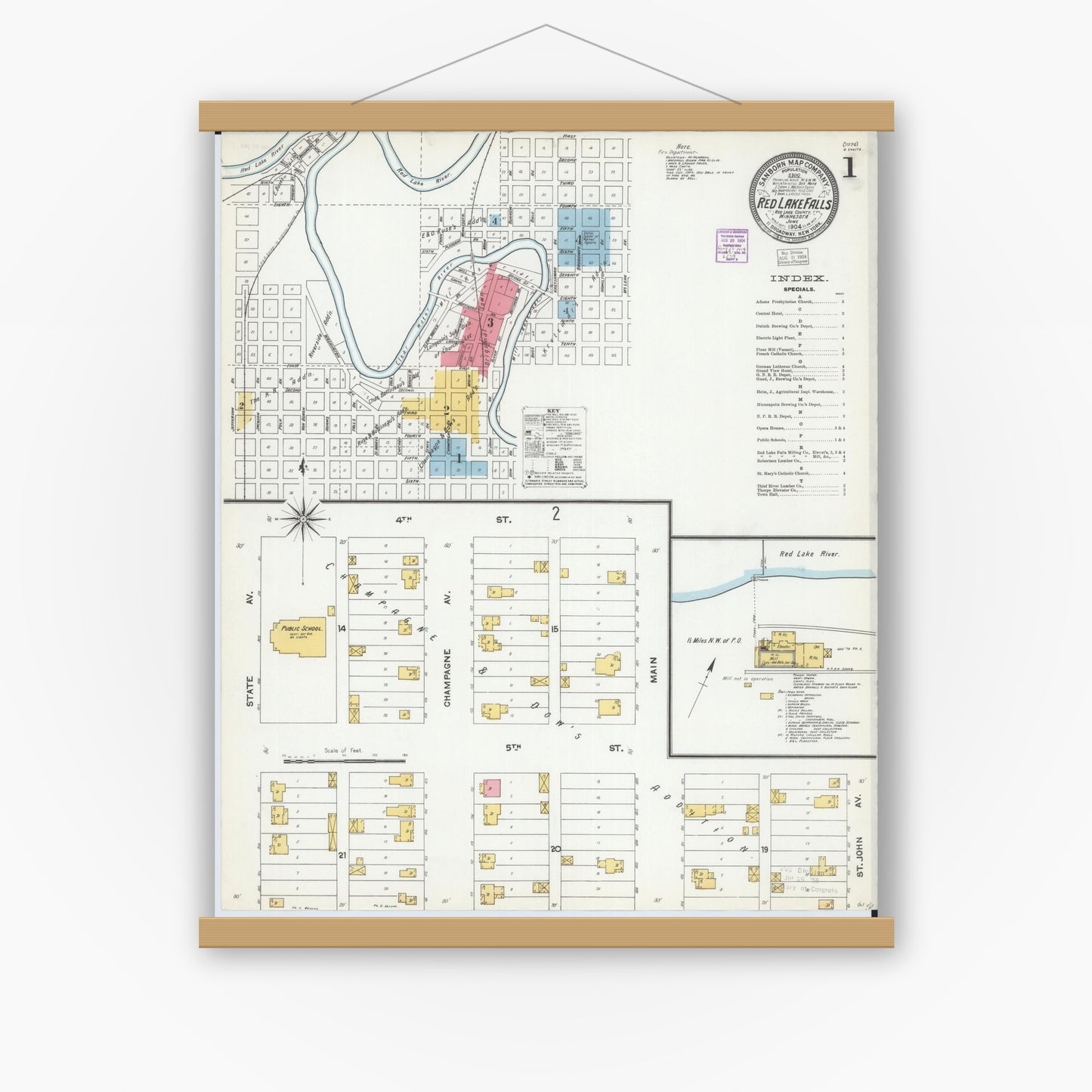 Old map wall art mockup — magnetic wood frame on white wall — Sanborn Fire Insurance Map from Red Lake Falls, Red Lake County, Minnesota (1904) - Complete Map Set