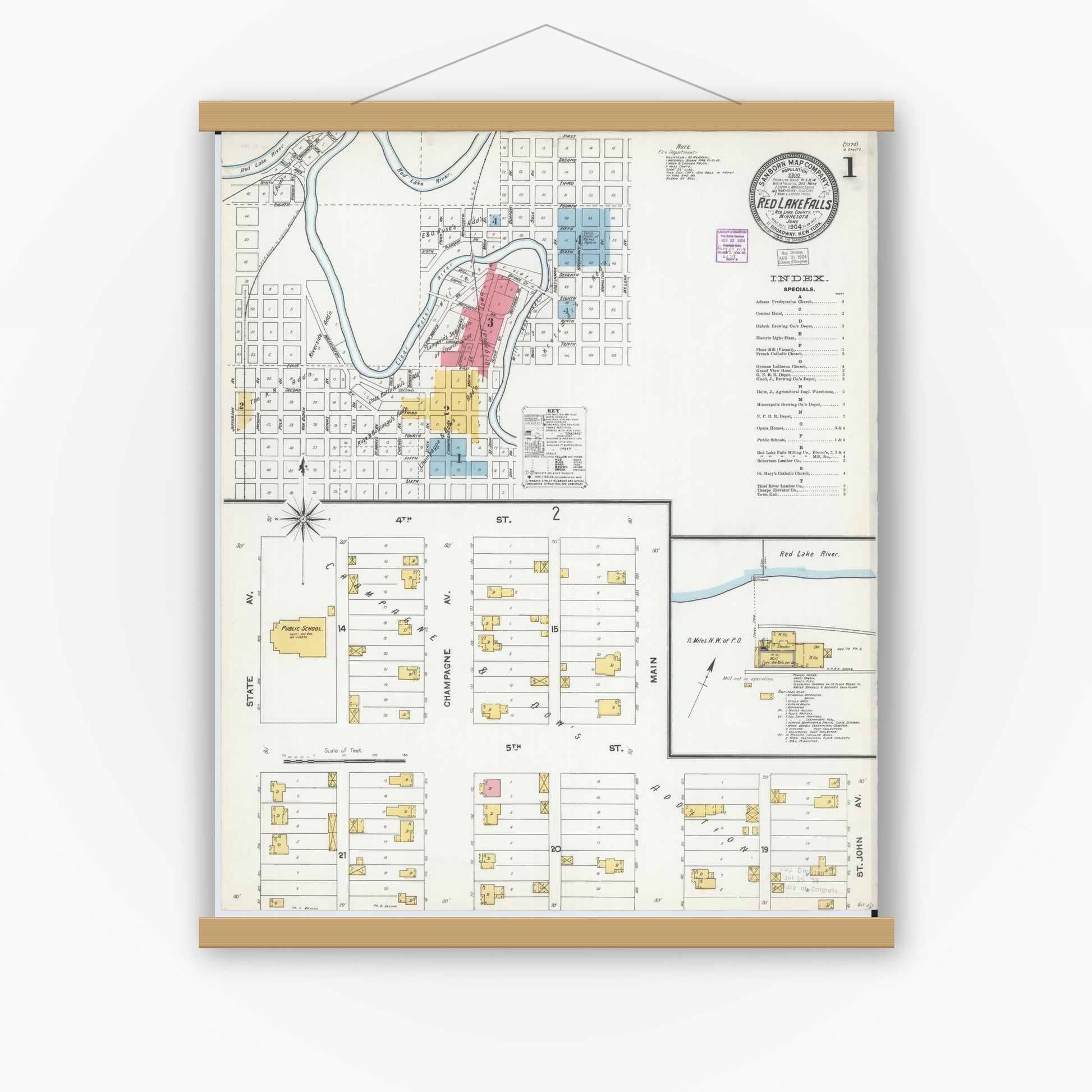 Old map wall art mockup — magnetic wood frame on white wall — Sanborn Fire Insurance Map from Red Lake Falls, Red Lake County, Minnesota (1904) - Complete Map Set