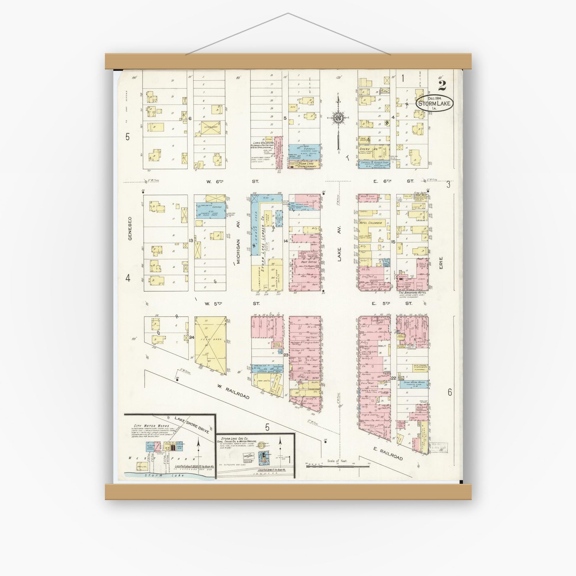 Old map wall art mockup — magnetic wood frame on white wall — Sanborn Fire Insurance Map from Storm Lake, Buena Vista County, Iowa (1914), Sheet #0002