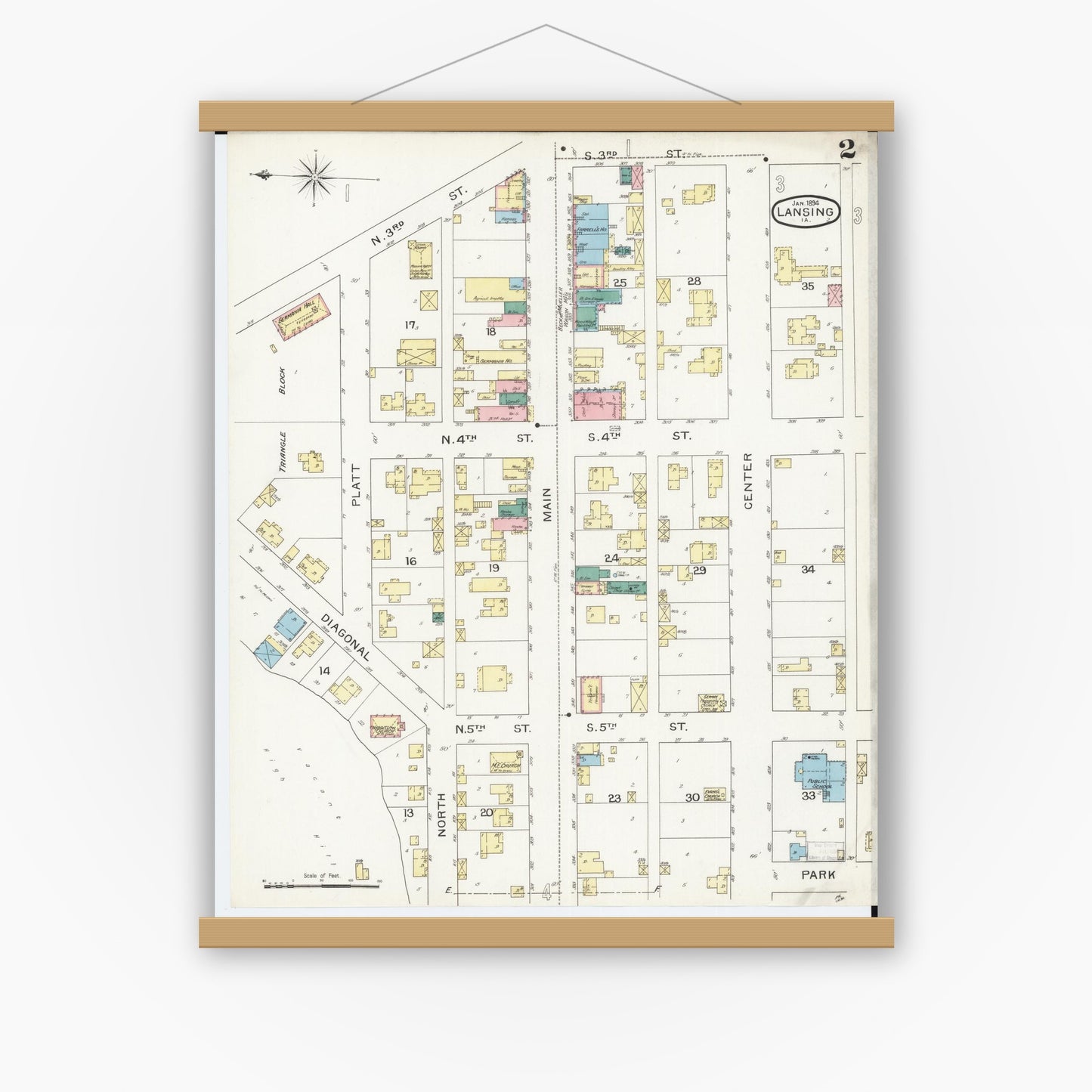 Old map wall art mockup — magnetic wood frame on white wall — Sanborn Fire Insurance Map from Lansing, Allamakee County, Iowa (1894), Sheet #0002
