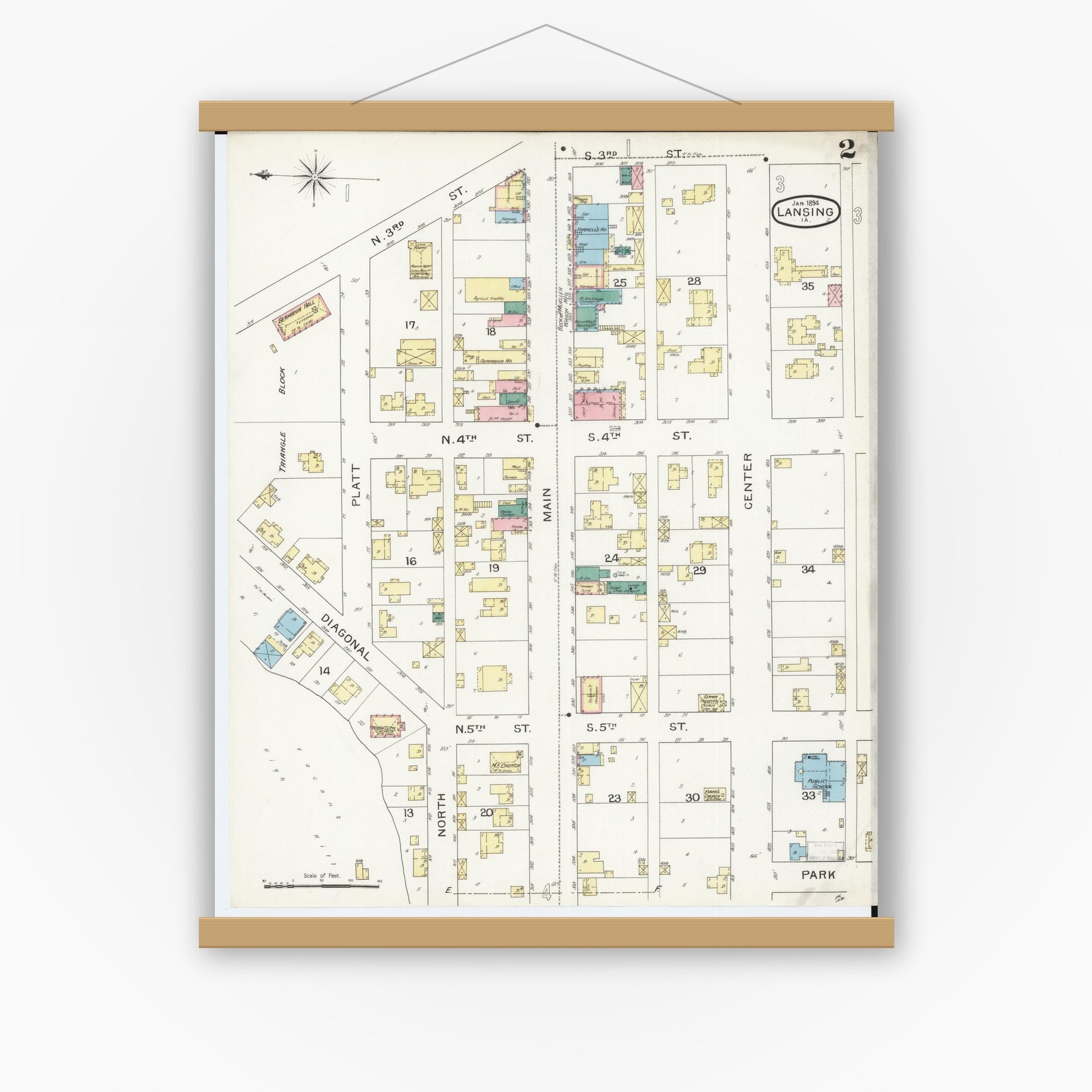 Old map wall art mockup — magnetic wood frame on white wall — Sanborn Fire Insurance Map from Lansing, Allamakee County, Iowa (1894), Sheet #0002
