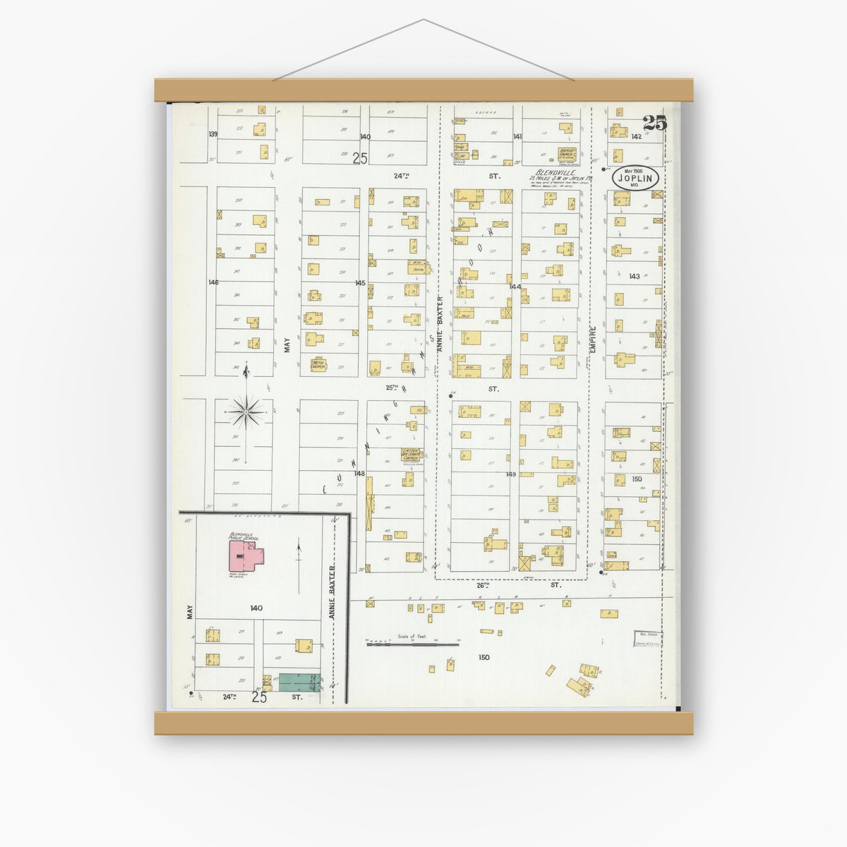 Old map wall art mockup — magnetic wood frame on white wall — Sanborn Fire Insurance Map from Joplin, Jasper County, Missouri (1900), Sheet #0025
