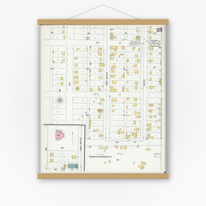 Old map wall art mockup — magnetic wood frame on white wall — Sanborn Fire Insurance Map from Joplin, Jasper County, Missouri (1900), Sheet #0025