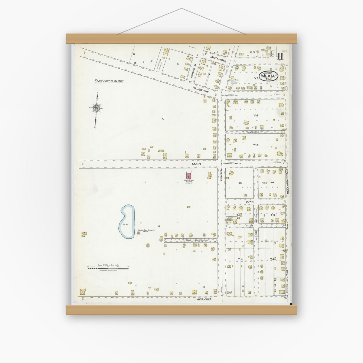 Old map wall art mockup — magnetic wood frame on white wall — Sanborn Fire Insurance Map from Mexia, Limestone County, Texas (1921), Sheet #0011