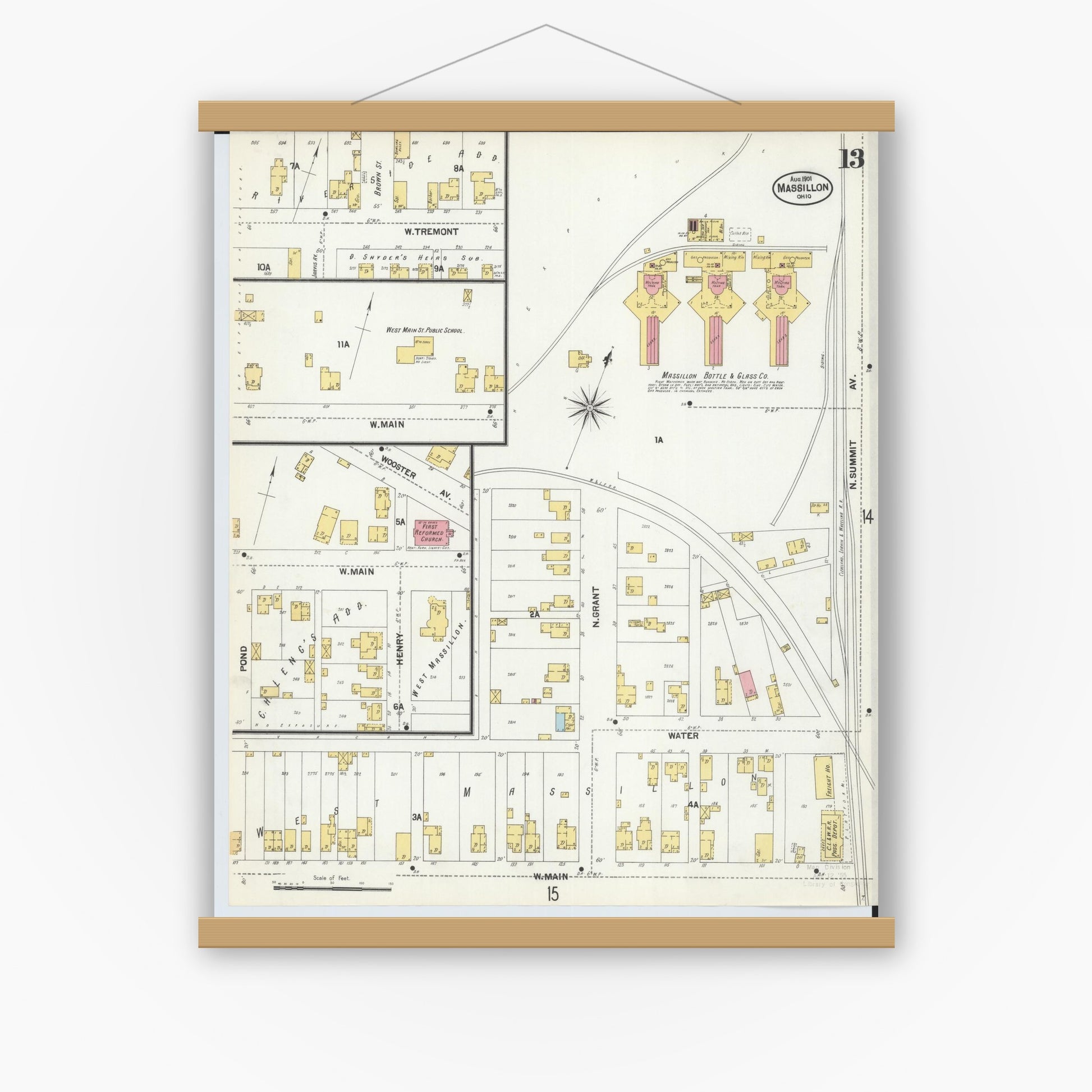Old map wall art mockup — magnetic wood frame on white wall — Sanborn Fire Insurance Map from Massillon, Stark County, Ohio (1901), Sheet #0013