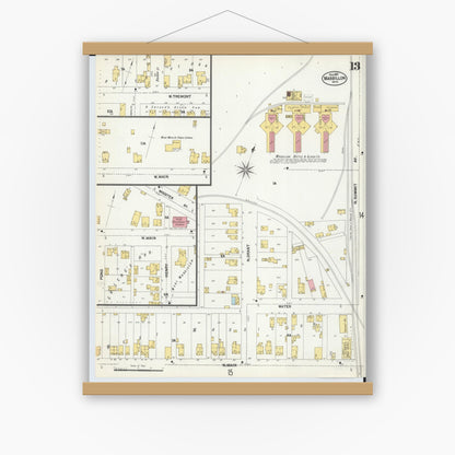 Old map wall art mockup — magnetic wood frame on white wall — Sanborn Fire Insurance Map from Massillon, Stark County, Ohio (1901), Sheet #0013