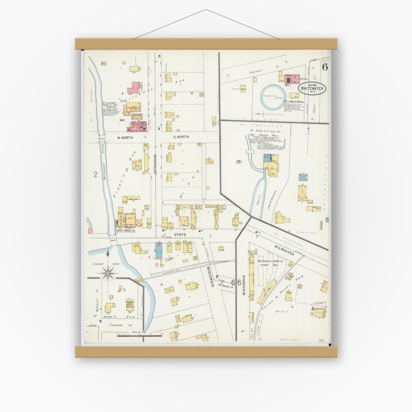 Old map wall art mockup — magnetic wood frame on white wall — Sanborn Fire Insurance Map from Whitewater, Walworth County, Wisconsin (1898), Sheet #0006