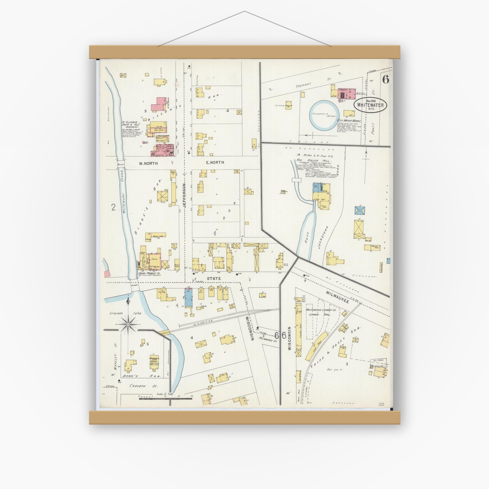 Old map wall art mockup — magnetic wood frame on white wall — Sanborn Fire Insurance Map from Whitewater, Walworth County, Wisconsin (1898), Sheet #0006