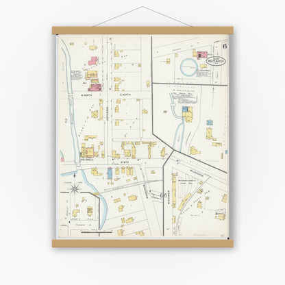 Old map wall art mockup — magnetic wood frame on white wall — Sanborn Fire Insurance Map from Whitewater, Walworth County, Wisconsin (1898), Sheet #0006