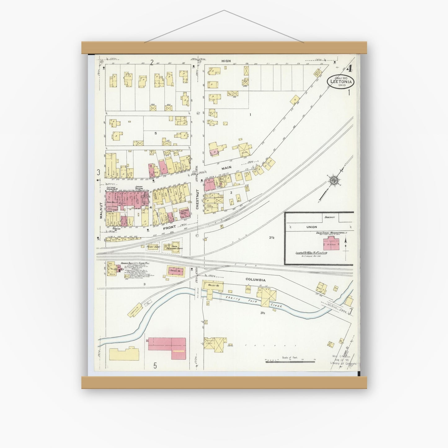 Old map wall art mockup — magnetic wood frame on white wall — Sanborn Fire Insurance Map from Leetonia, Columbiana County, Ohio (1910), Sheet #0004