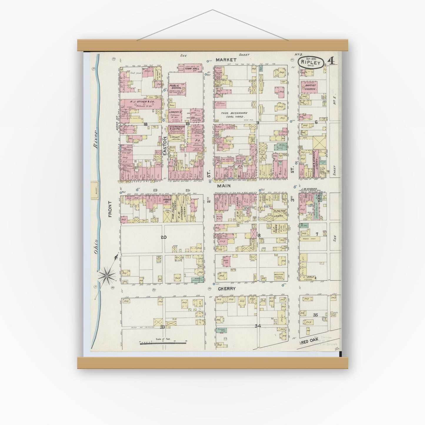 Old map wall art mockup — magnetic wood frame on white wall — Sanborn Fire Insurance Map from Ripley, Brown County, Ohio (1890), Sheet #0004