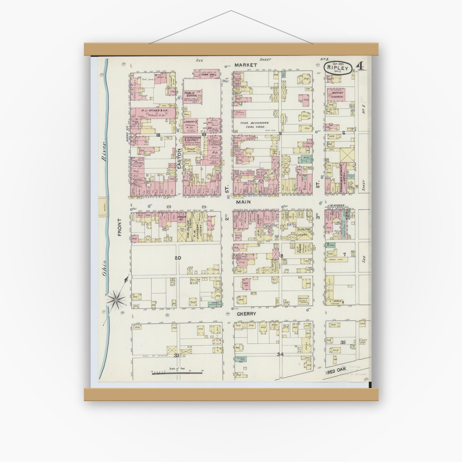 Old map wall art mockup — magnetic wood frame on white wall — Sanborn Fire Insurance Map from Ripley, Brown County, Ohio (1890), Sheet #0004