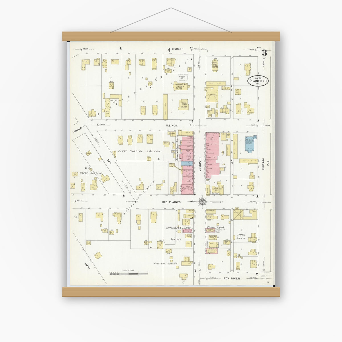 Old map wall art mockup — magnetic wood frame on white wall — Sanborn Fire Insurance Map from Plainfield, Will County, Illinois (1912), Sheet #0003