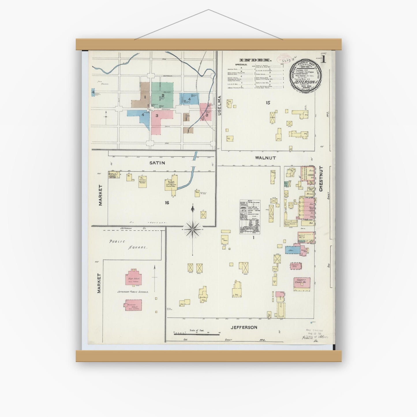 Old map wall art mockup — magnetic wood frame on white wall — Sanborn Fire Insurance Map from Jefferson, Ashtabula County, Ohio (1890) - Complete Map Set