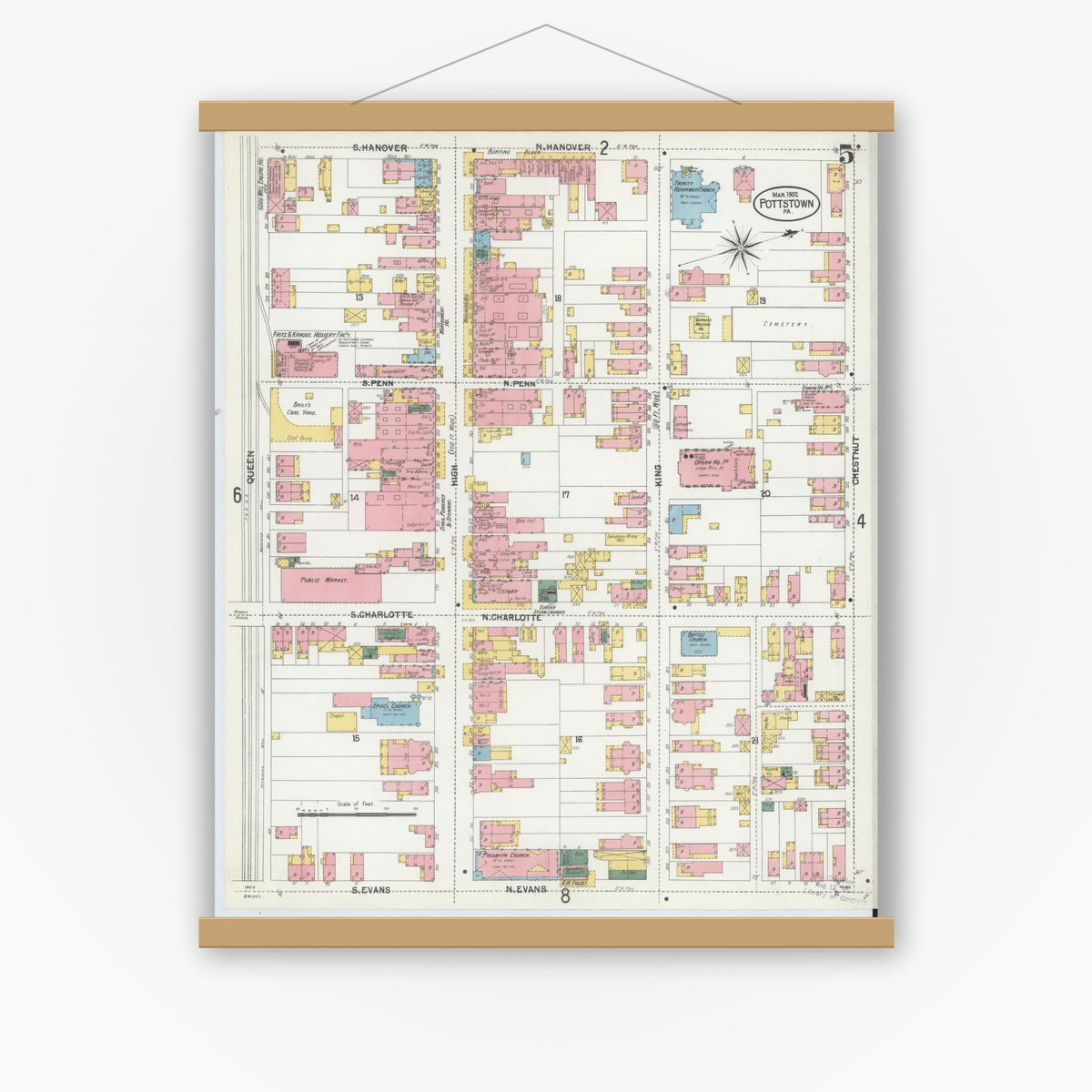 Old map wall art mockup — magnetic wood frame on white wall — Sanborn Fire Insurance Map from Pottstown, Montgomery County, Pennsylvania (1902), Sheet #0005