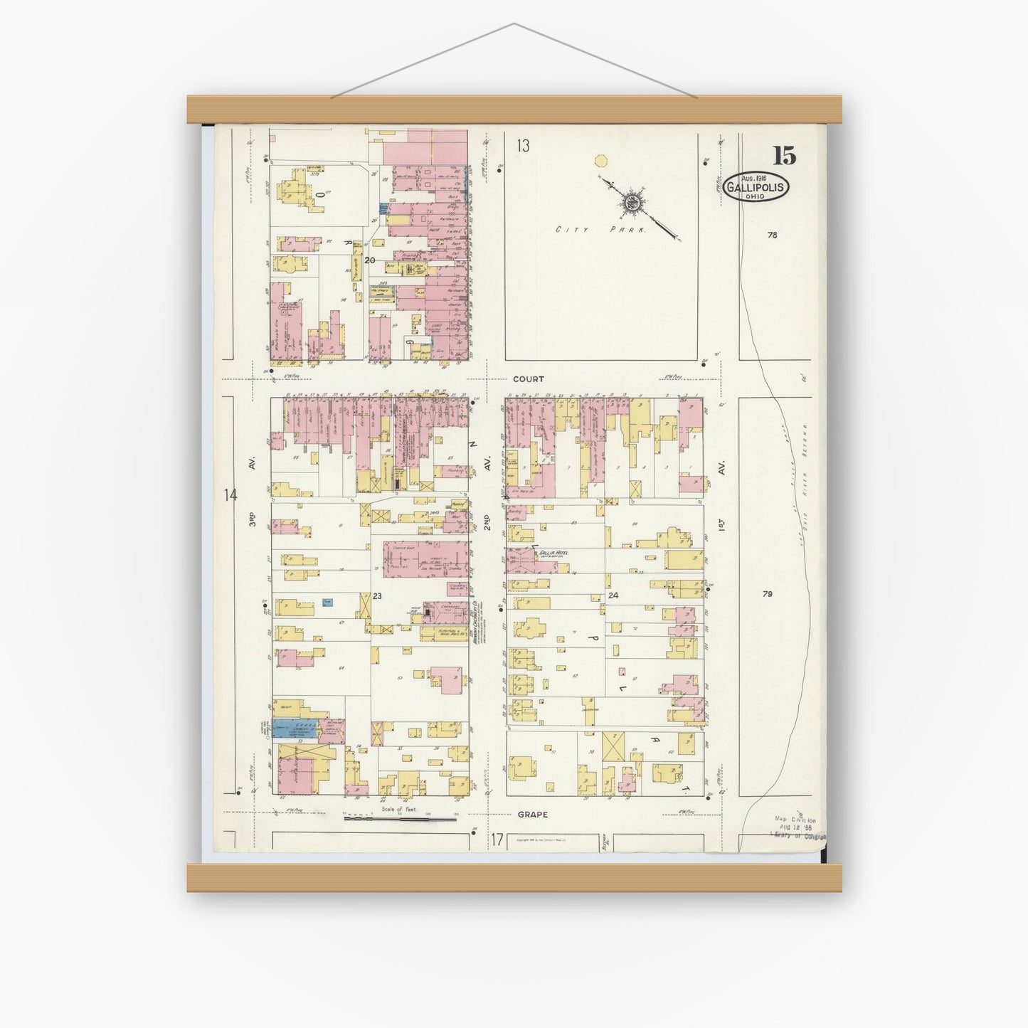 Old map wall art mockup — magnetic wood frame on white wall — Sanborn Fire Insurance Map from Gallipolis, Gallia County, Ohio (1916), Sheet #0015