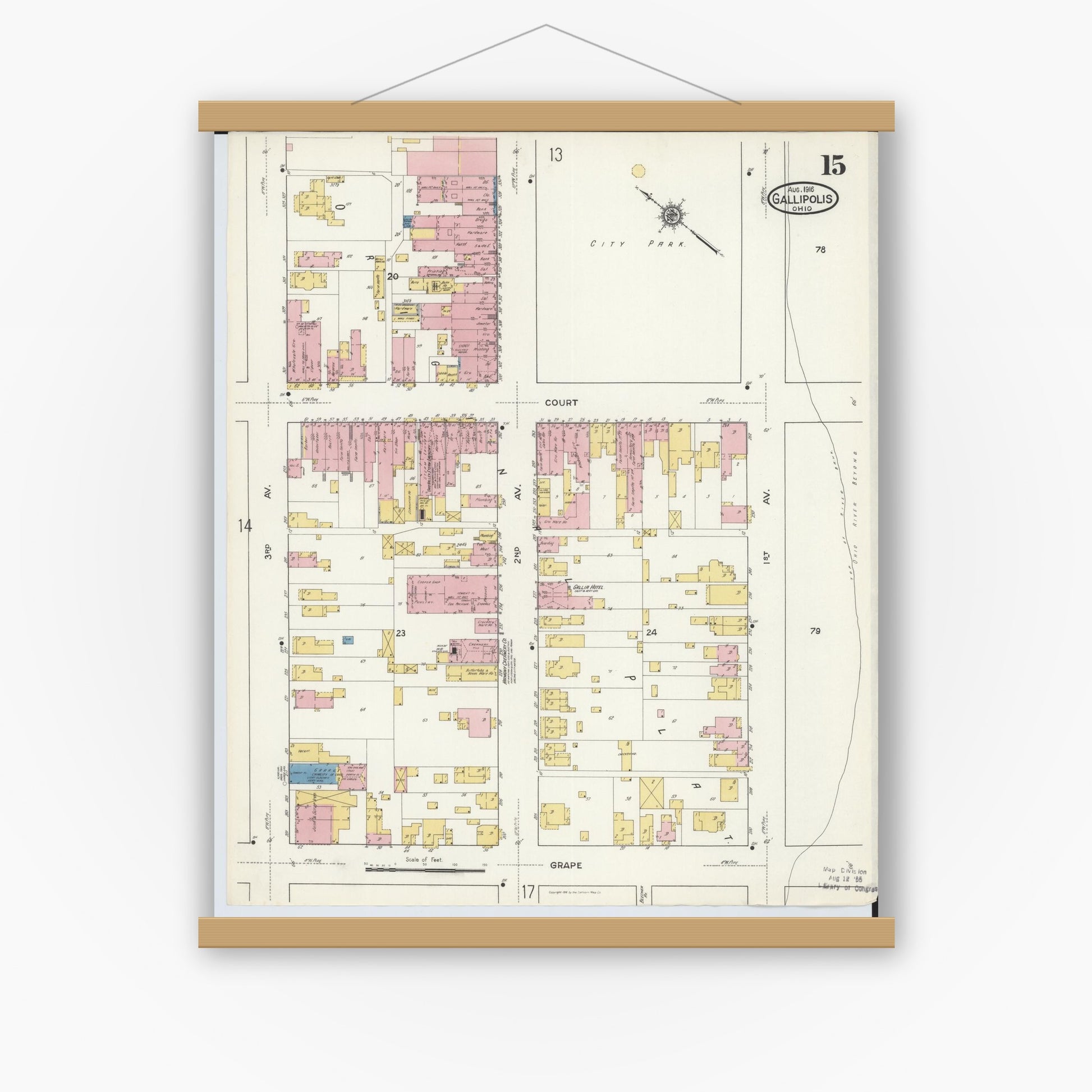 Old map wall art mockup — magnetic wood frame on white wall — Sanborn Fire Insurance Map from Gallipolis, Gallia County, Ohio (1916), Sheet #0015