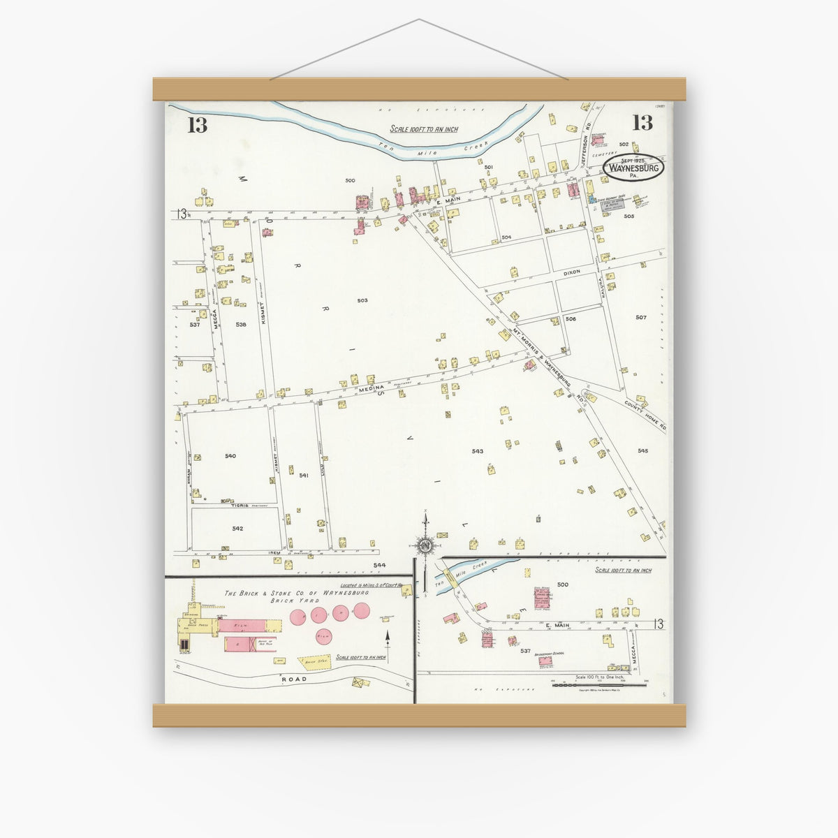 Old map wall art mockup — magnetic wood frame on white wall — Sanborn Fire Insurance Map from Waynesburg, Greene County, Pennsylvania (1925), Sheet #0013