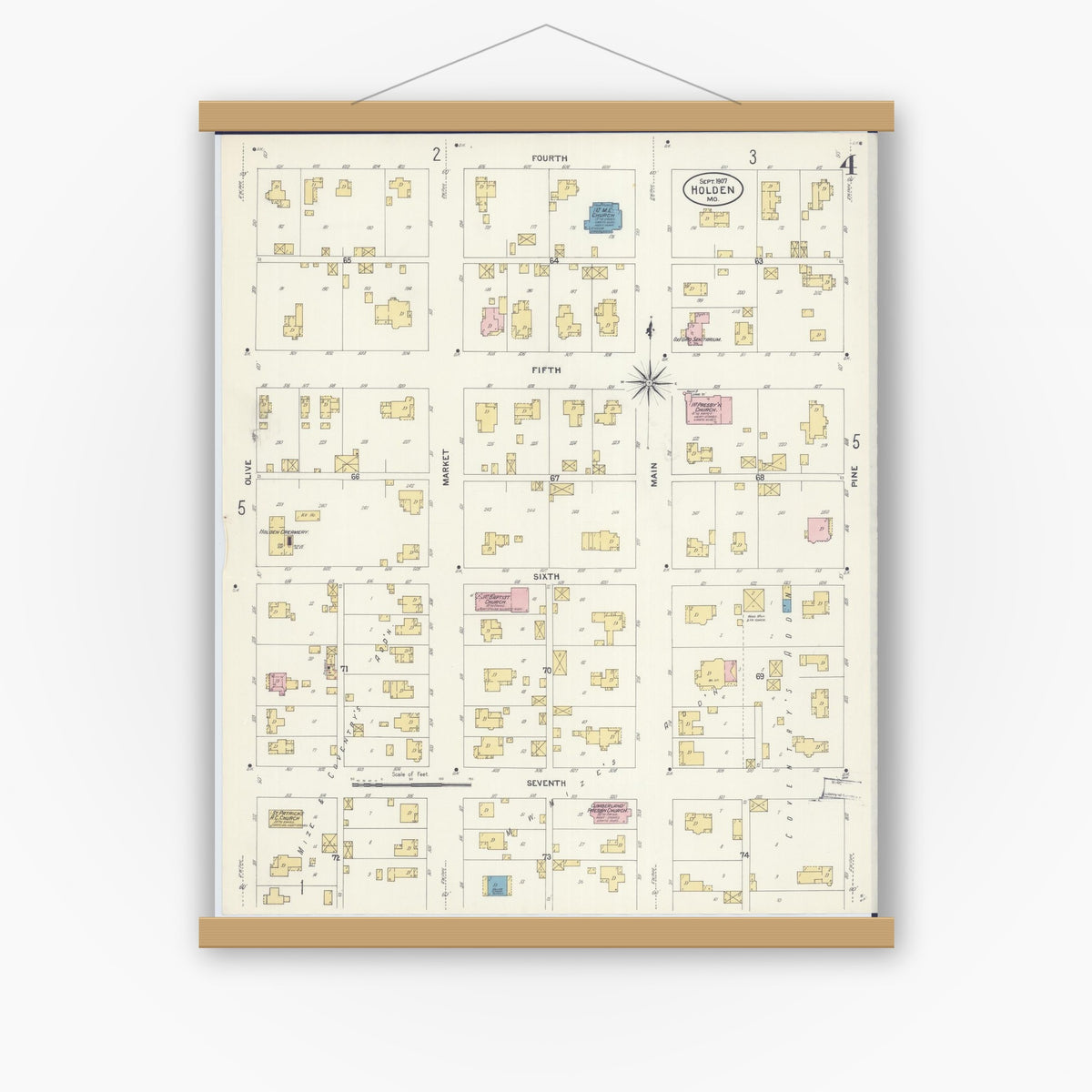 Old map wall art mockup — magnetic wood frame on white wall — Sanborn Fire Insurance Map from Holden, Johnson County, Missouri (1907), Sheet #0004
