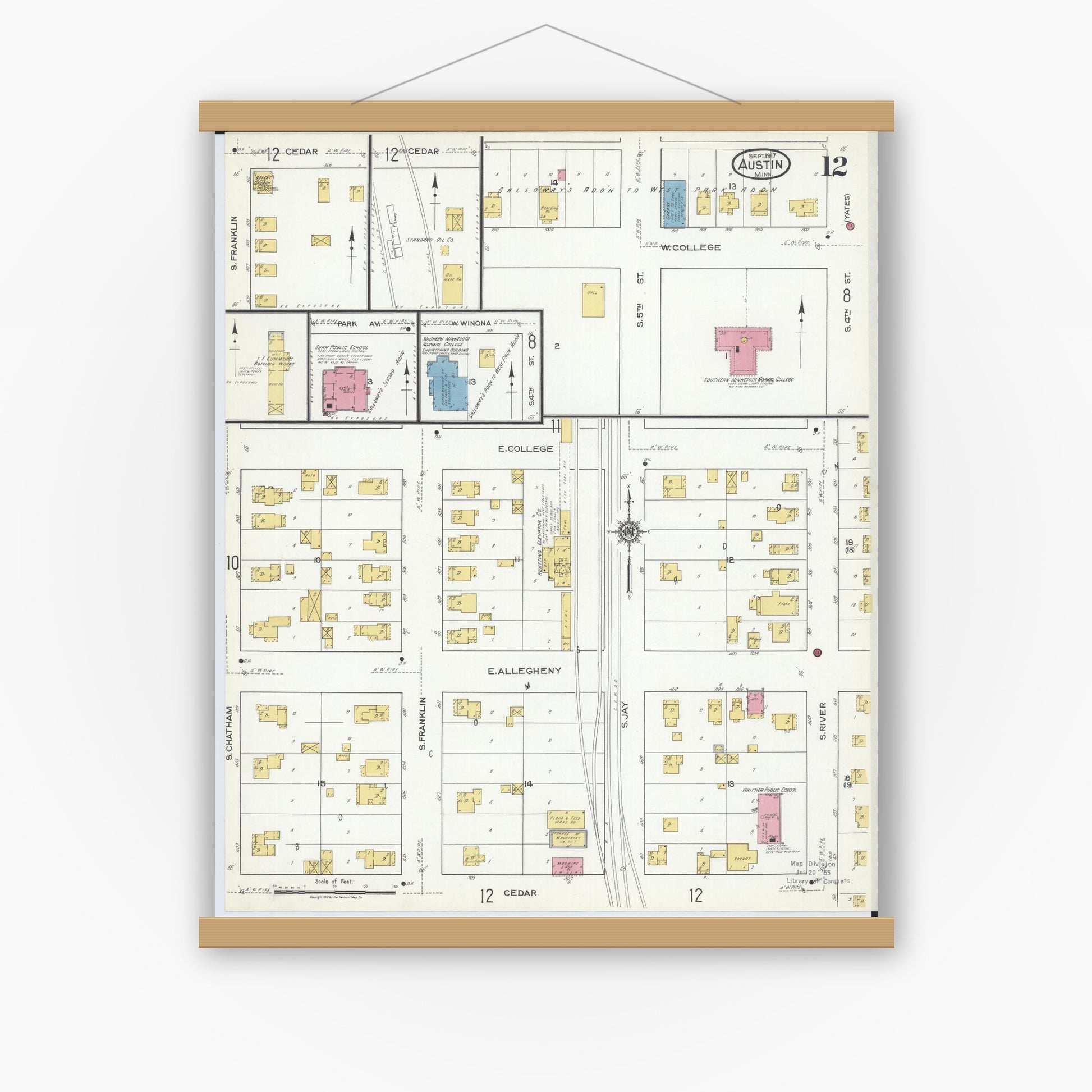 Old map wall art mockup — magnetic wood frame on white wall — Sanborn Fire Insurance Map from Austin, Mower County, Minnesota (1917), Sheet #0012