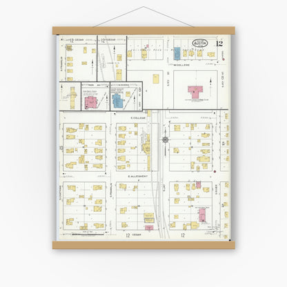 Old map wall art mockup — magnetic wood frame on white wall — Sanborn Fire Insurance Map from Austin, Mower County, Minnesota (1917), Sheet #0012