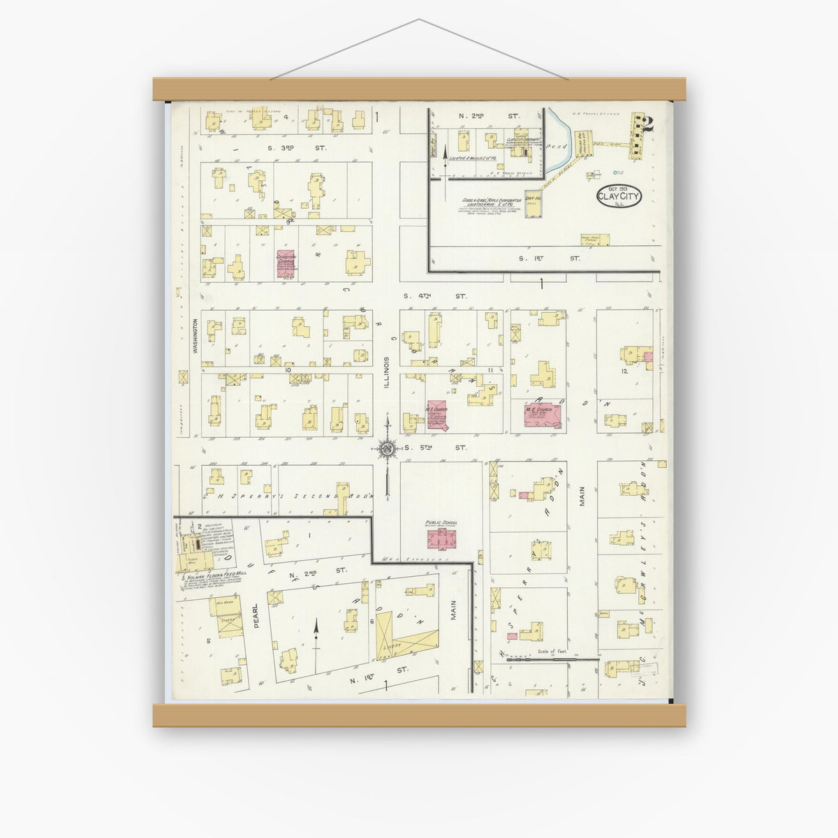 Old map wall art mockup — magnetic wood frame on white wall — Sanborn Fire Insurance Map from Clay City, Clay County, Illinois (1913), Sheet #0002