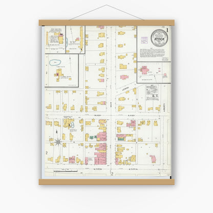 Old map wall art mockup — magnetic wood frame on white wall — Sanborn Fire Insurance Map from Attica, Seneca County, Ohio (1904) - Complete Map Set