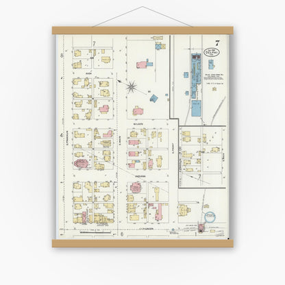 Old map wall art mockup — magnetic wood frame on white wall — Sanborn Fire Insurance Map from Delphi, Carroll County, Indiana (1906), Sheet #0007