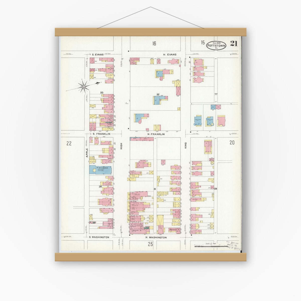 Old map wall art mockup — magnetic wood frame on white wall — Sanborn Fire Insurance Map from Pottstown, Montgomery County, Pennsylvania (1909), Sheet #0021