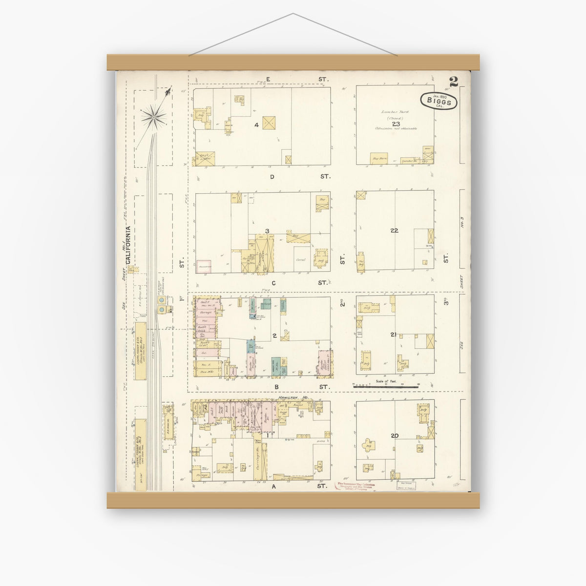 Old map wall art mockup — magnetic wood frame on white wall — Sanborn Fire Insurance Map from Biggs, Butte County, California (1890), Sheet #0002