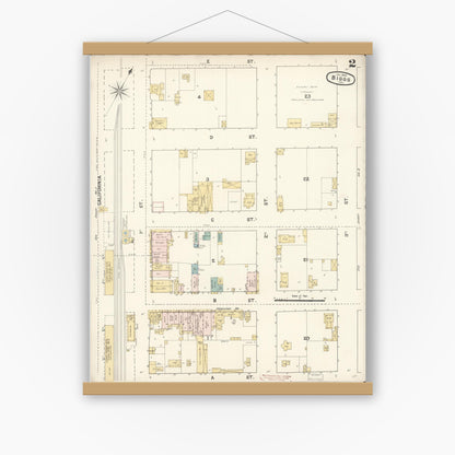Old map wall art mockup — magnetic wood frame on white wall — Sanborn Fire Insurance Map from Biggs, Butte County, California (1890), Sheet #0002