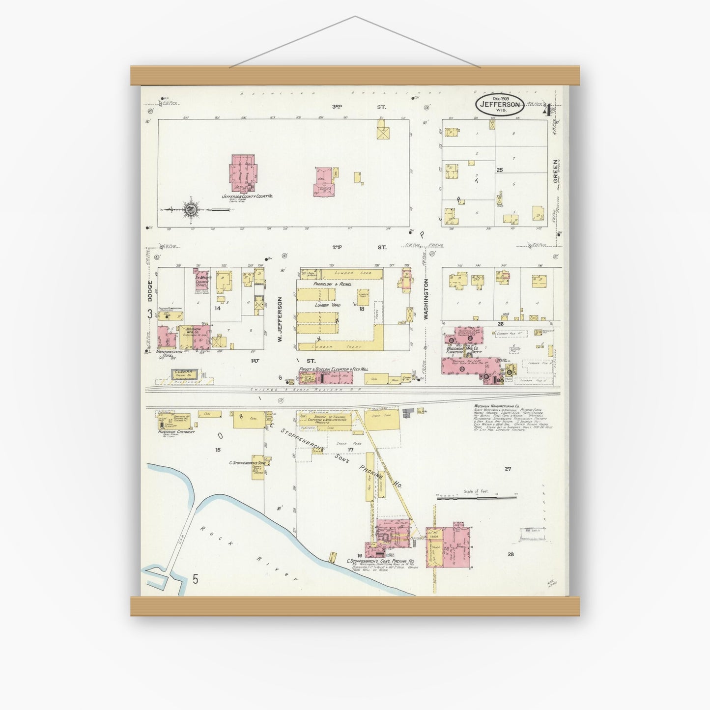 Old map wall art mockup — magnetic wood frame on white wall — Sanborn Fire Insurance Map from Jefferson, Jefferson County, Wisconsin (1909), Sheet #0004