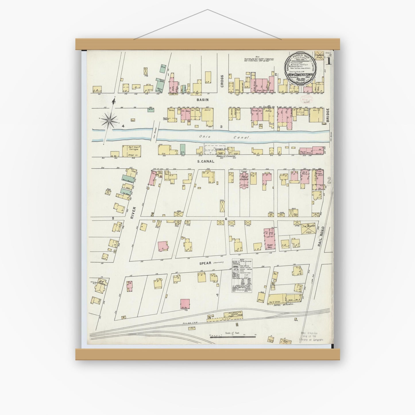 Old map wall art mockup — magnetic wood frame on white wall — Sanborn Fire Insurance Map from Newcomerstown, Tuscarawas County, Ohio (1895), Sheet #0001