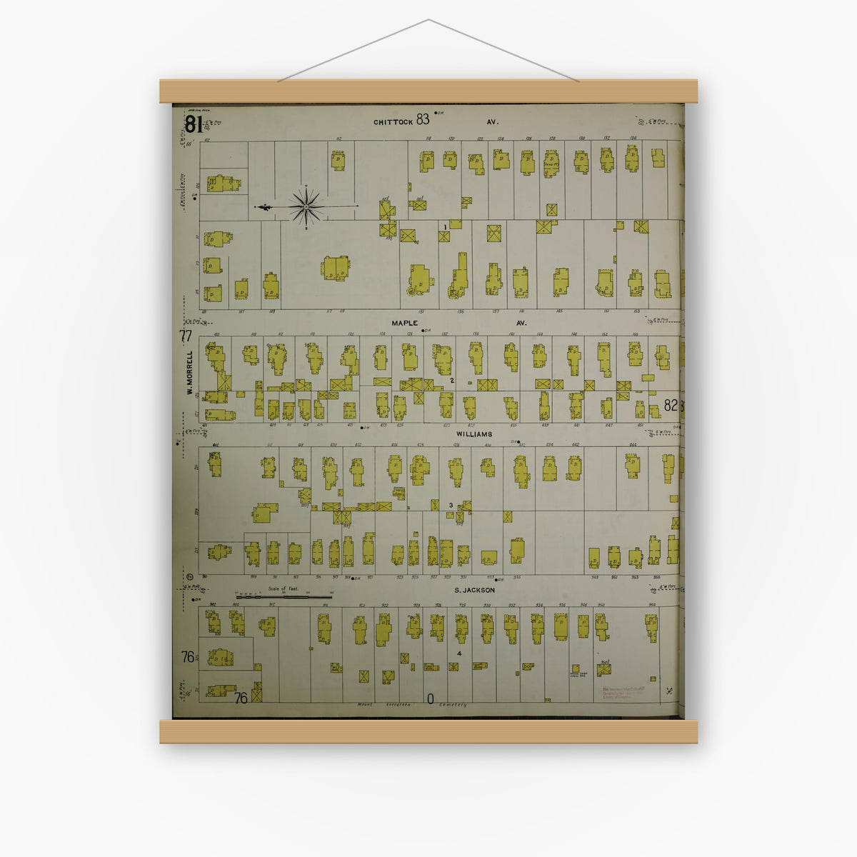 Old map wall art mockup — magnetic wood frame on white wall — Sanborn Fire Insurance Map from Jackson, Jackson County, Michigan (1907), Sheet #0081