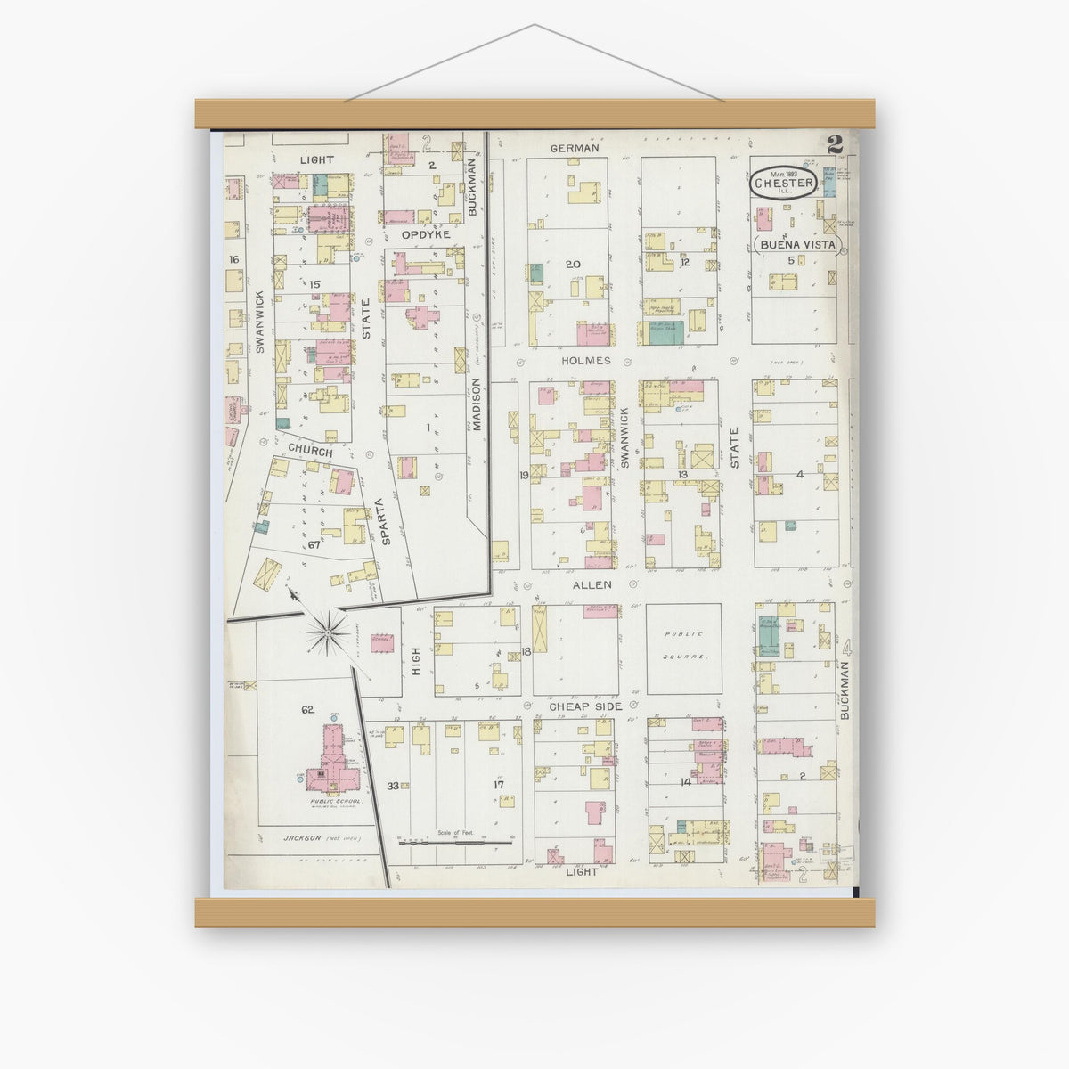 Old map wall art mockup — magnetic wood frame on white wall — Sanborn Fire Insurance Map from Chester, Randolph County, Illinois (1886), Sheet #0002