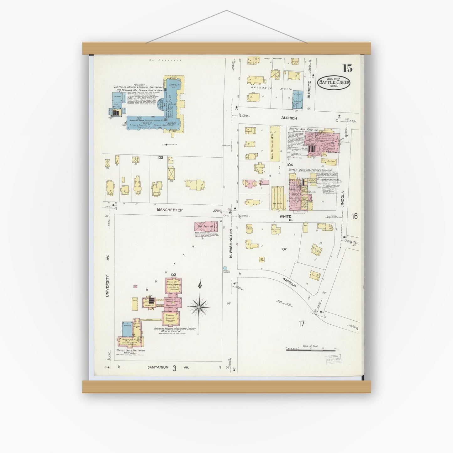 Old map wall art mockup — magnetic wood frame on white wall — Sanborn Fire Insurance Map from Battle Creek, Calhoun County, Michigan (1907), Sheet #0015
