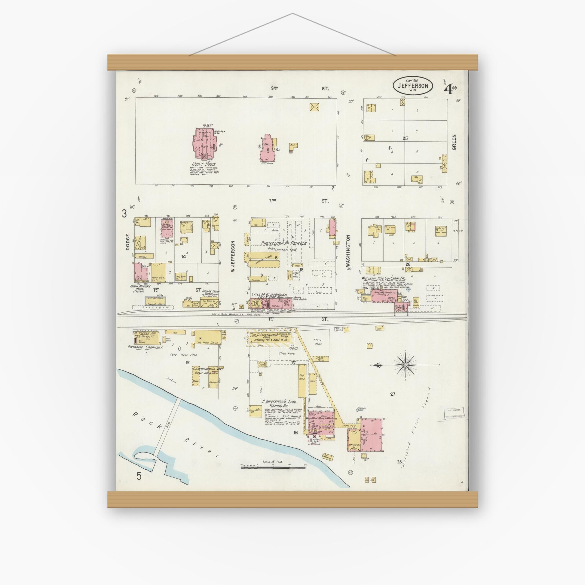 Old map wall art mockup — magnetic wood frame on white wall — Sanborn Fire Insurance Map from Jefferson, Jefferson County, Wisconsin (1898), Sheet #0004