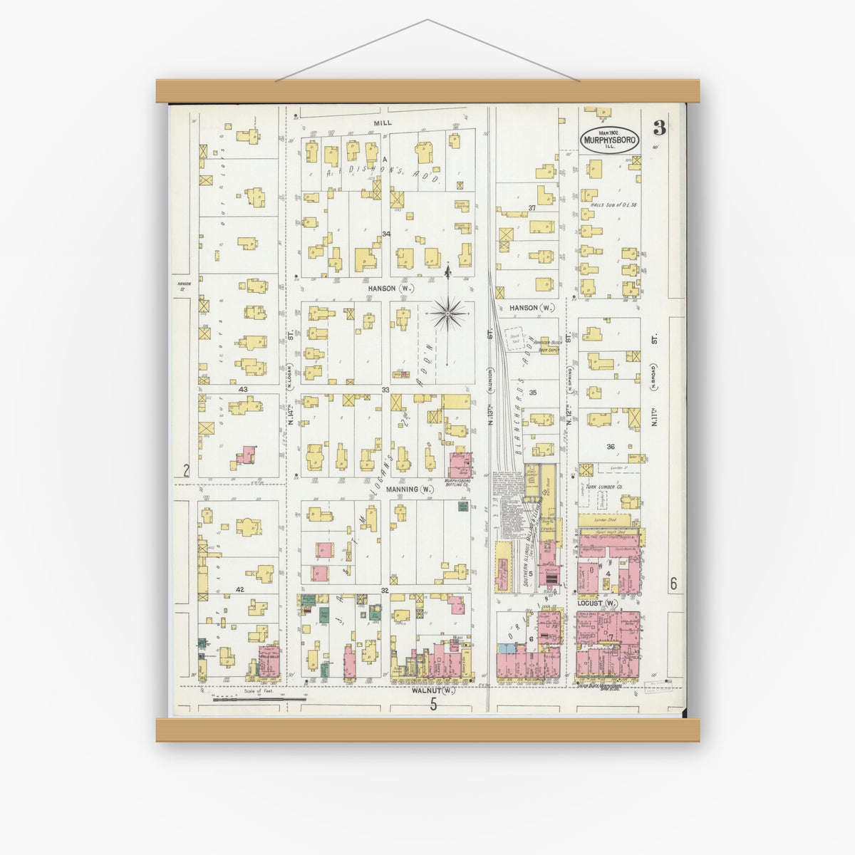 Old map wall art mockup — magnetic wood frame on white wall — Sanborn Fire Insurance Map from Murphysboro, Jackson County, Illinois (1902), Sheet #0003