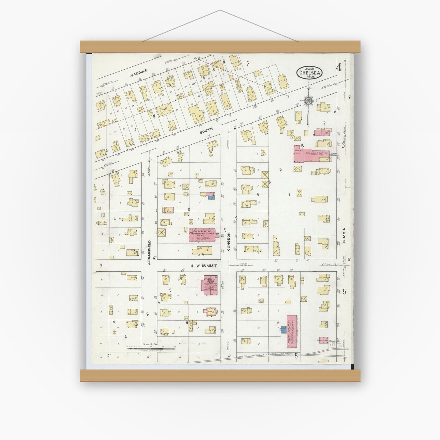 Old map wall art mockup — magnetic wood frame on white wall — Sanborn Fire Insurance Map from Chelsea, Washtenaw County, Michigan (1918), Sheet #0004