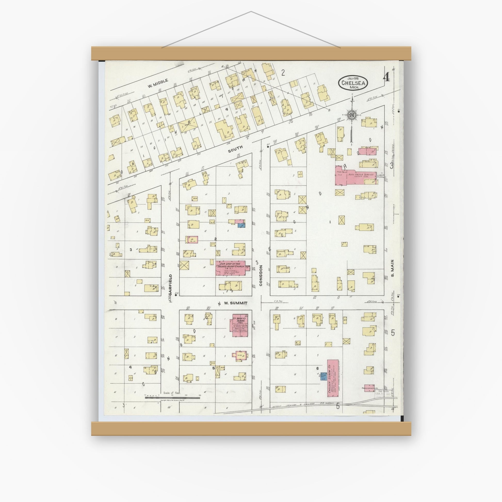 Old map wall art mockup — magnetic wood frame on white wall — Sanborn Fire Insurance Map from Chelsea, Washtenaw County, Michigan (1918), Sheet #0004