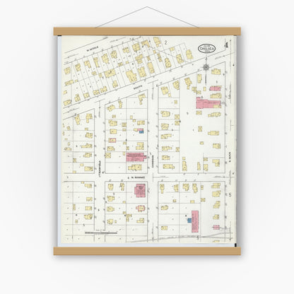 Old map wall art mockup — magnetic wood frame on white wall — Sanborn Fire Insurance Map from Chelsea, Washtenaw County, Michigan (1918), Sheet #0004