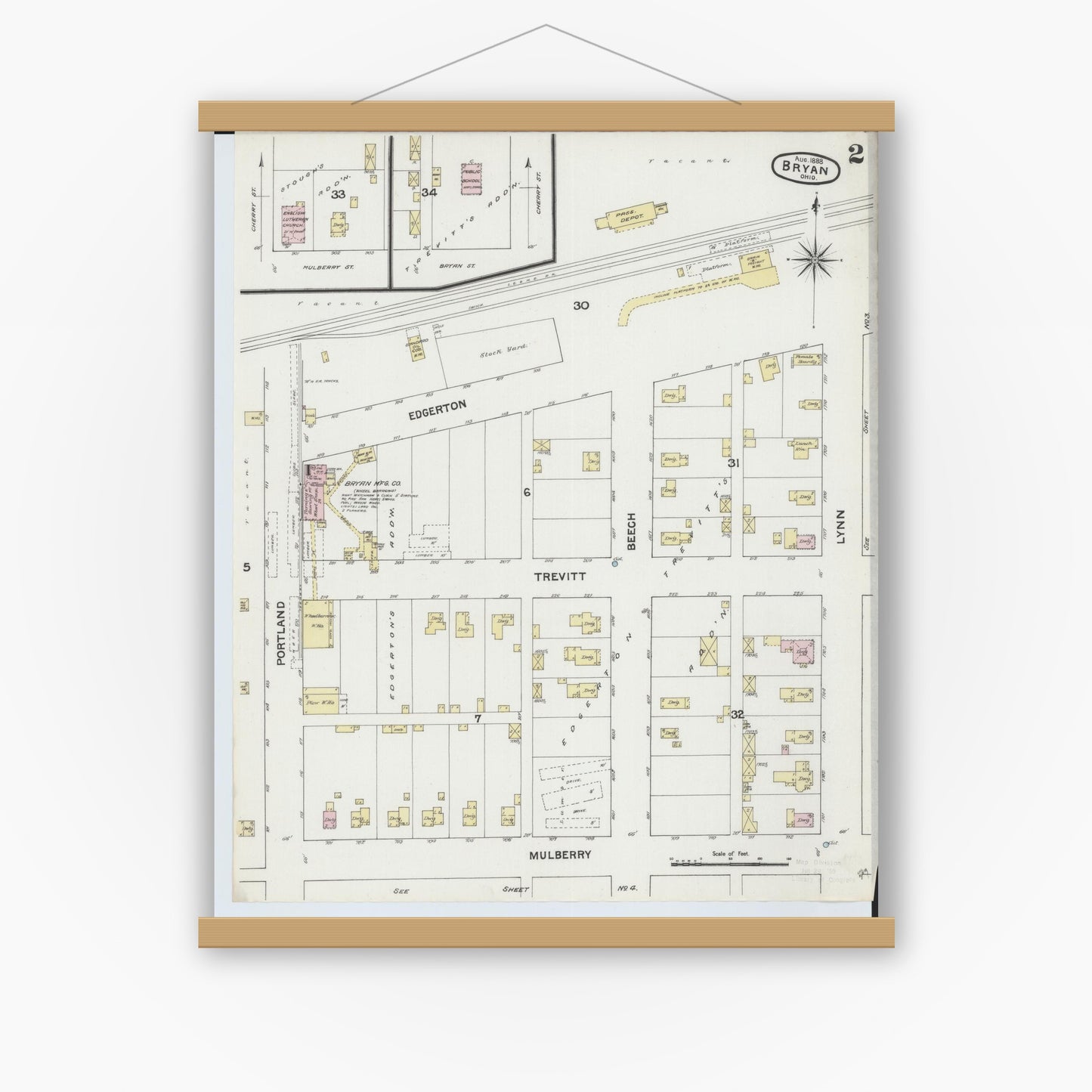 Old map wall art mockup — magnetic wood frame on white wall — Sanborn Fire Insurance Map from Bryan, Williams County, Ohio (1888), Sheet #0002