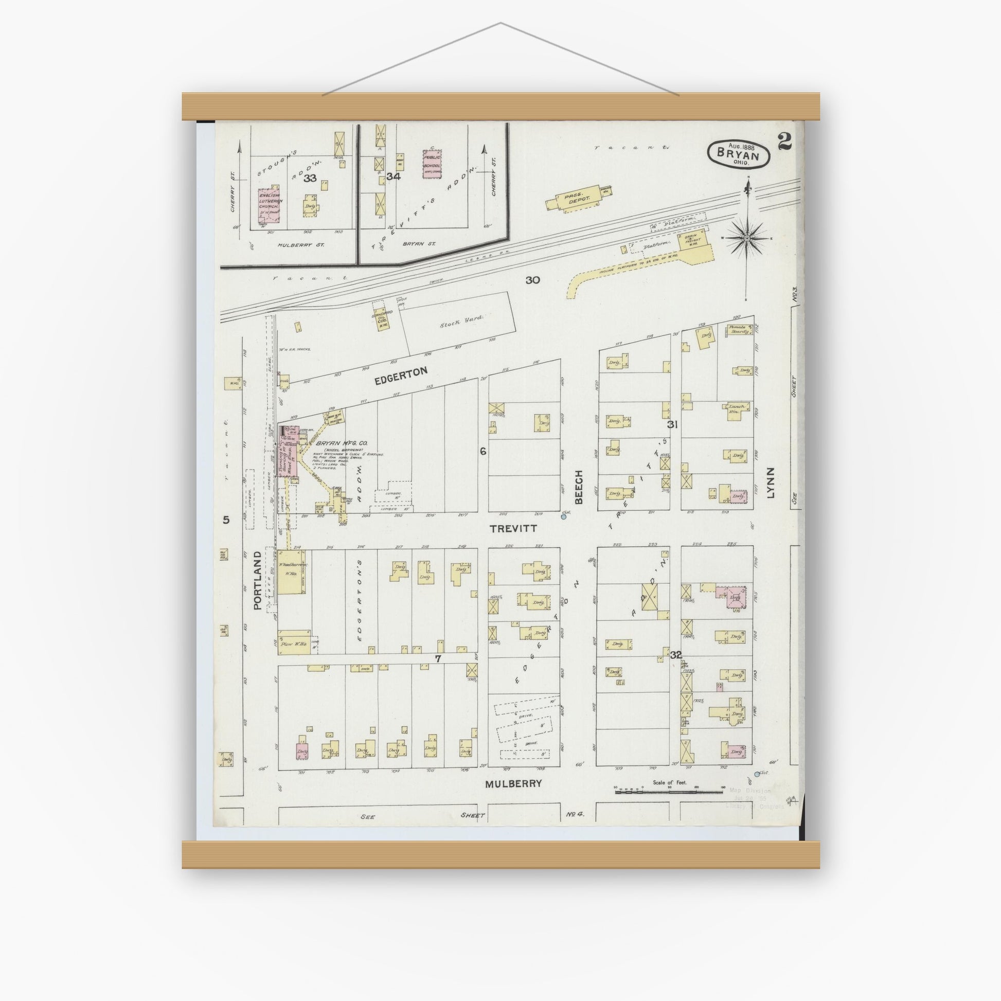 Old map wall art mockup — magnetic wood frame on white wall — Sanborn Fire Insurance Map from Bryan, Williams County, Ohio (1888), Sheet #0002